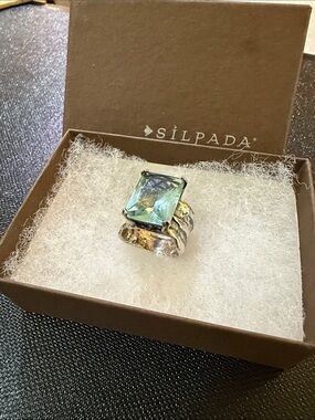 Silpada Silver Ring with Rectangular Aqua-Green Gemstone